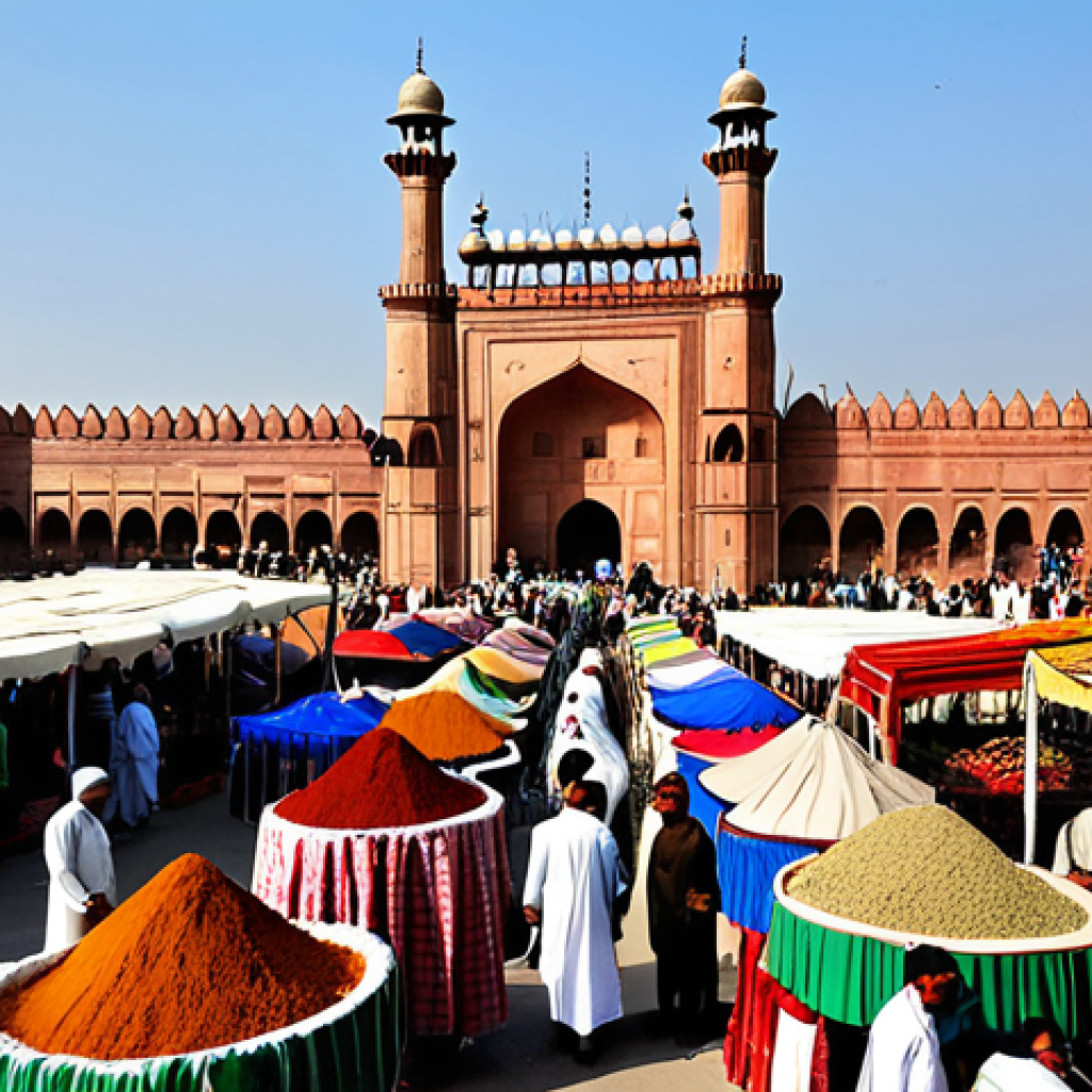 **

A bustling marketplace scene in Lahore, Pakistan. Vendors in traditional shalwar kameez are selling colorful textiles, spices, and fresh produce. Customers, also in modest clothing, are bargaining and interacting with the sellers. In the background, the Badshahi Mosque is visible under a clear sky. Professional photography, high quality, perfect anatomy, correct proportions, natural pose, fully clothed, appropriate attire, safe for work, family-friendly.

**