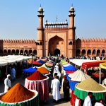 **

A bustling marketplace scene in Lahore, Pakistan. Vendors in traditional shalwar kameez are selling colorful textiles, spices, and fresh produce. Customers, also in modest clothing, are bargaining and interacting with the sellers. In the background, the Badshahi Mosque is visible under a clear sky. Professional photography, high quality, perfect anatomy, correct proportions, natural pose, fully clothed, appropriate attire, safe for work, family-friendly.

**