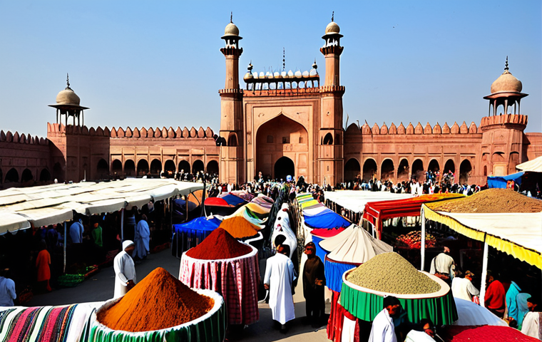 **

A bustling marketplace scene in Lahore, Pakistan. Vendors in traditional shalwar kameez are selling colorful textiles, spices, and fresh produce. Customers, also in modest clothing, are bargaining and interacting with the sellers. In the background, the Badshahi Mosque is visible under a clear sky. Professional photography, high quality, perfect anatomy, correct proportions, natural pose, fully clothed, appropriate attire, safe for work, family-friendly.

**