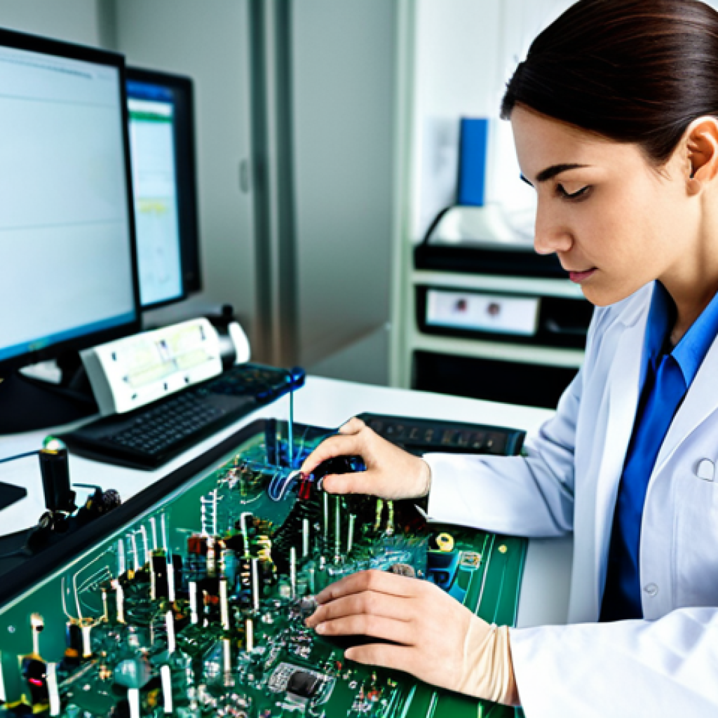 **

"A professional female engineer in a modest lab coat, working on a complex circuit board in a high-tech laboratory, fully clothed, appropriate attire, safe for work, perfect anatomy, natural proportions, professional photography, high quality."

**