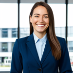 **A professional businesswoman in a modest business suit, smiling confidently in a bright, modern office. Fully clothed, appropriate attire, safe for work, perfect anatomy, natural proportions, professional portrait photography, high quality, family-friendly.**