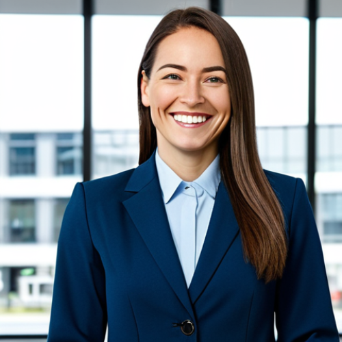 **A professional businesswoman in a modest business suit, smiling confidently in a bright, modern office. Fully clothed, appropriate attire, safe for work, perfect anatomy, natural proportions, professional portrait photography, high quality, family-friendly.**