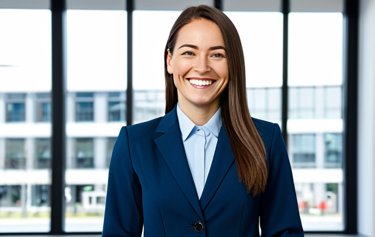 **A professional businesswoman in a modest business suit, smiling confidently in a bright, modern office. Fully clothed, appropriate attire, safe for work, perfect anatomy, natural proportions, professional portrait photography, high quality, family-friendly.**
